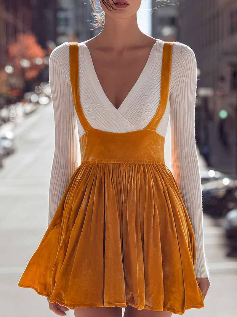 Mustard Velvet Pleated Dress With Knit Sleeves