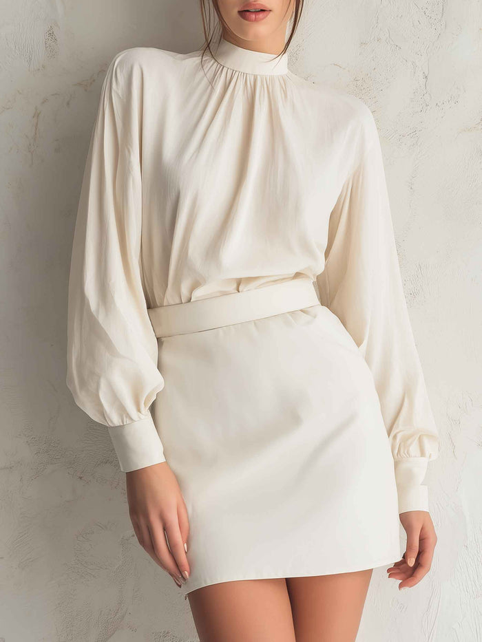 High-Neck Draped Blouse & Tailored Mini Skirt Set