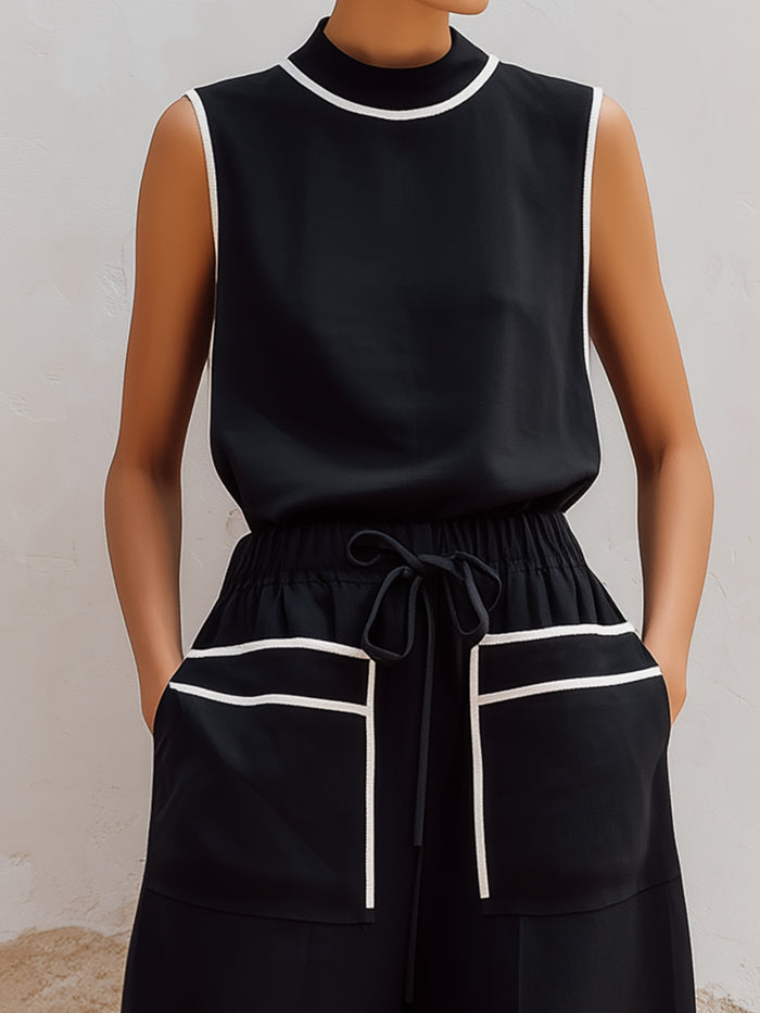 Modern Contrast-Trim Sleeveless Top & Wide-Leg Pants Two-Piece Set