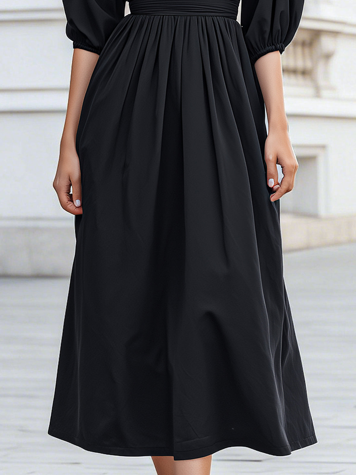 Puff-Sleeve Draped Midi Dress