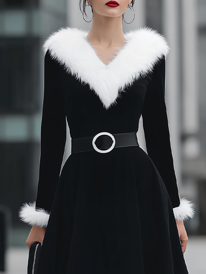 Faux Fur Trim V-Neck Velvet Midi Dress