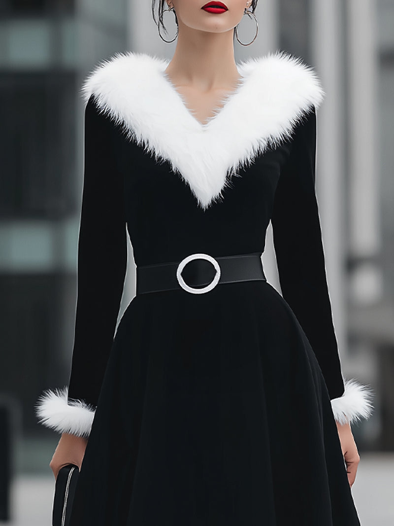 Faux Fur Trim V-Neck Velvet Midi Dress