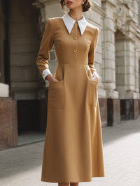 Camel Midi Dress With Contrast Collar And Cuff Detail