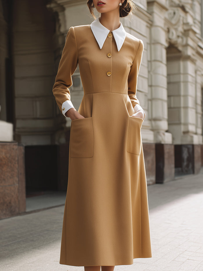 Camel Midi Dress With Contrast Collar And Cuff Detail