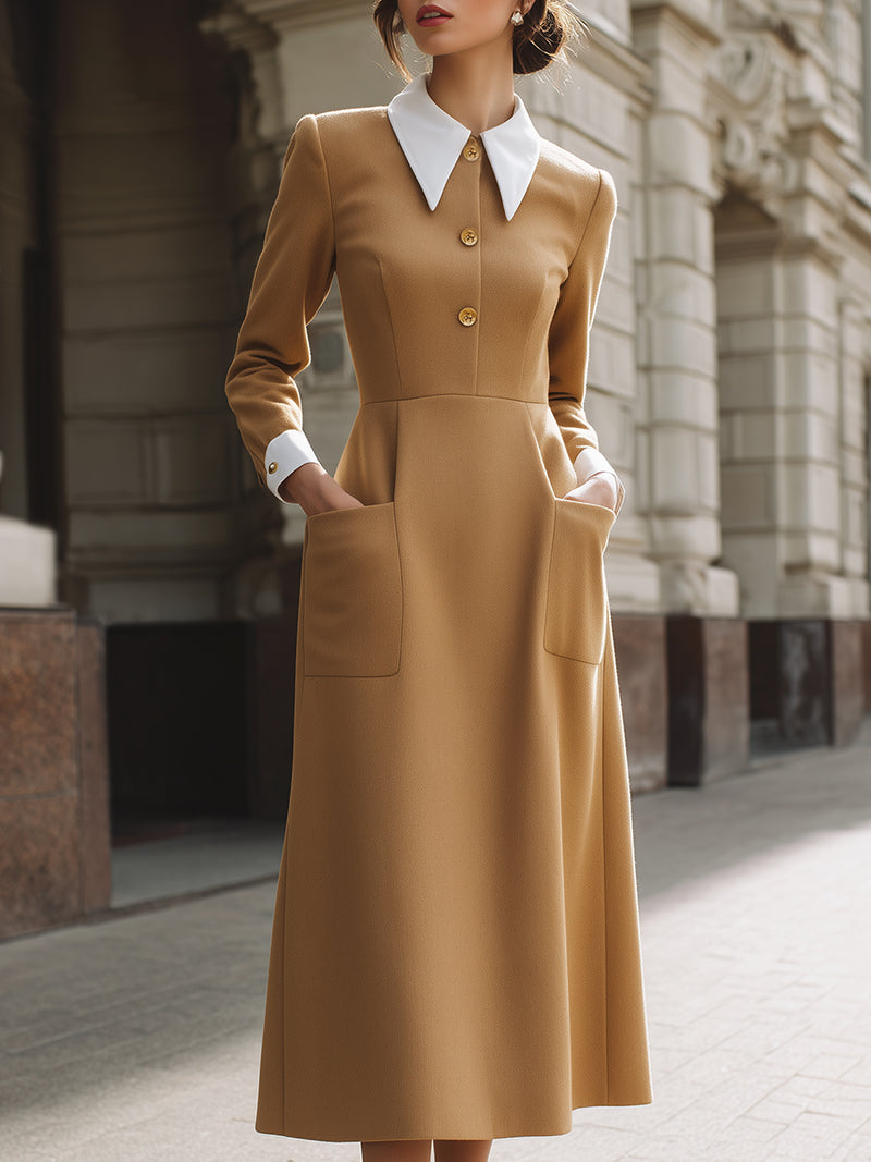 Camel Midi Dress With Contrast Collar And Cuff Detail