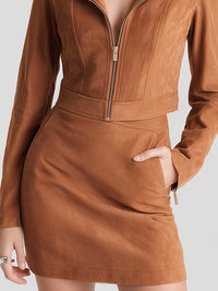 Faux Suede Zip-up Jacket And Skirt Set