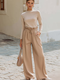 Beige Drawstring Pants And Long Sleeve Top Set