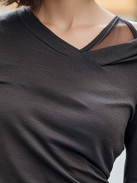 Asymmetric V-Neck Draped Long Sleeve Top