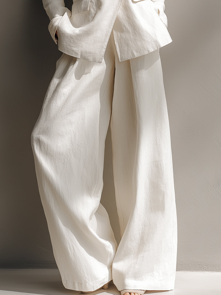 High-quality Linen Blended Old-fashioned Style Suit And Wide-leg Pants Set