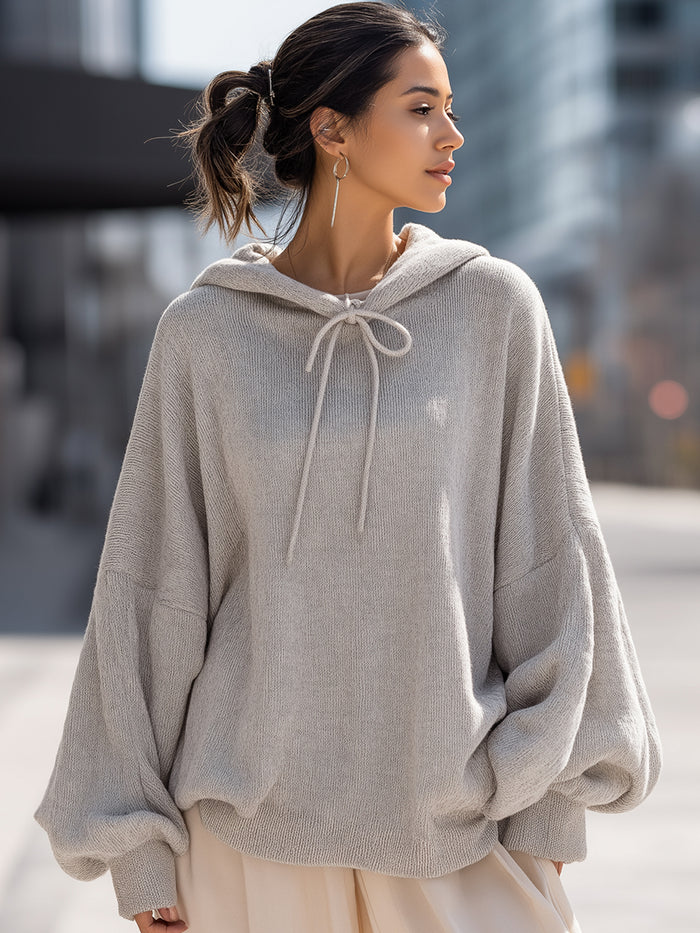 Light Heathered Knitted Balloon Sleeve Hoodie