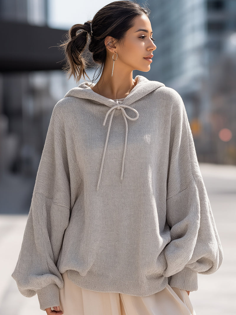Light Heathered Knitted Balloon Sleeve Hoodie