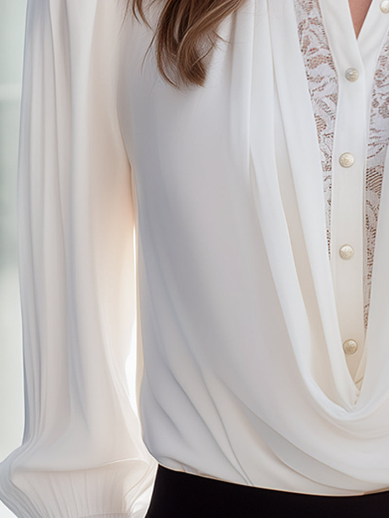 Ivory Drape-Front Blouse With Lace Detail