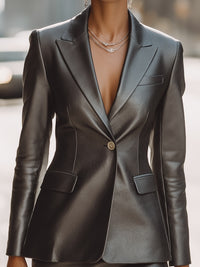 Smooth Charcoal Leather Blazer And Skirt Set