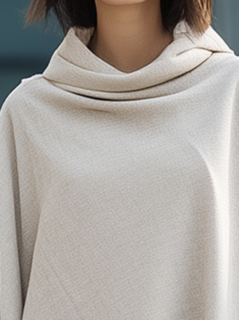 Beige Draped Hooded Collar Cape Coat