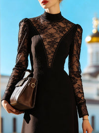 Lace-Inset Woven High-Neck Evening Gown