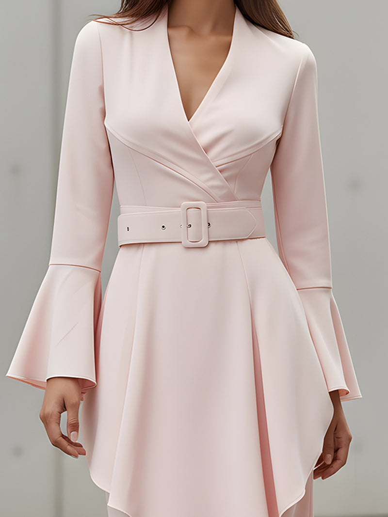 Elegant Pink Belted Asymmetric Hem Dress