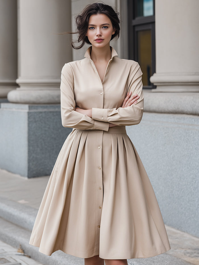 Beige Button-Front Shirt Dress With Pleated A-Line Skirt