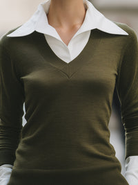 Olive Green V-Neck Knit Sweater With White Collar Detail