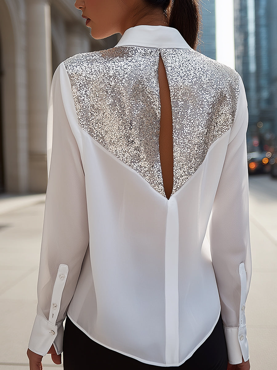 Sequin-Back Keyhole Tailored Blouse