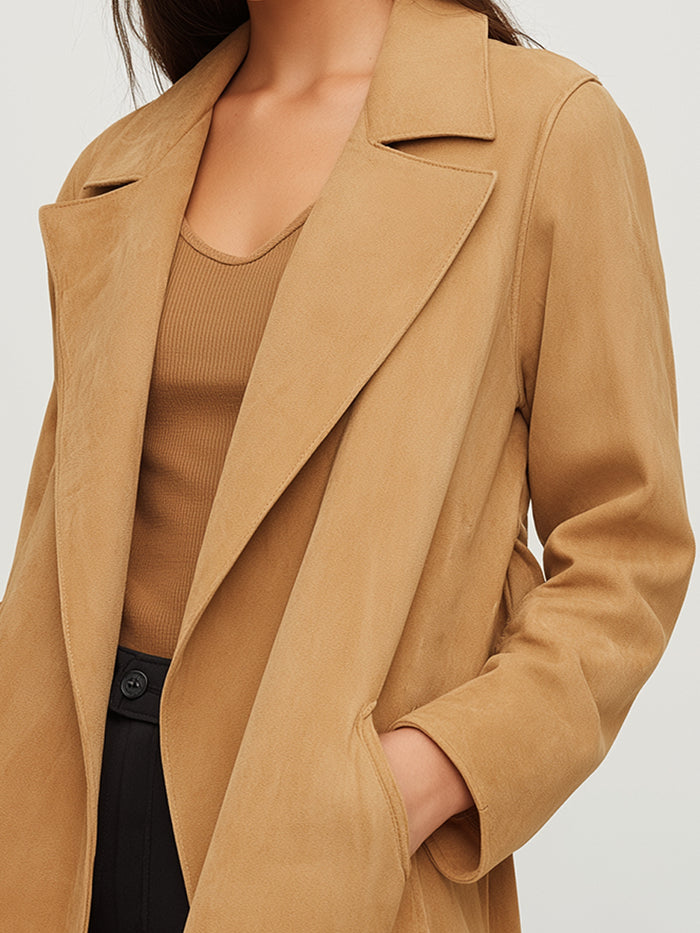 Suede-Look Open Front Coat