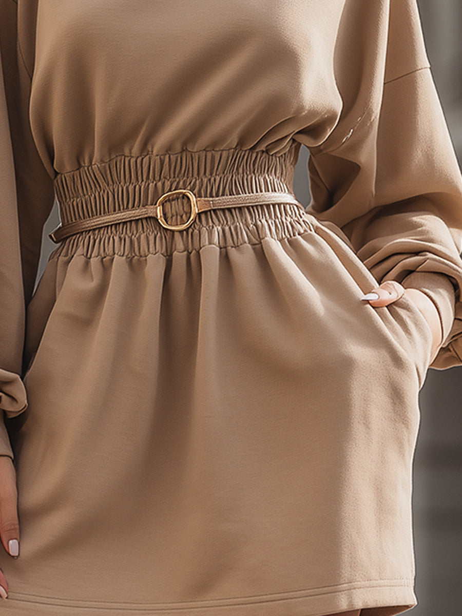 Belted Mock-Neck Mini Dress With Elastic Waist