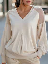 Mesh-Shoulder Pleated V-Neck Blouson Top