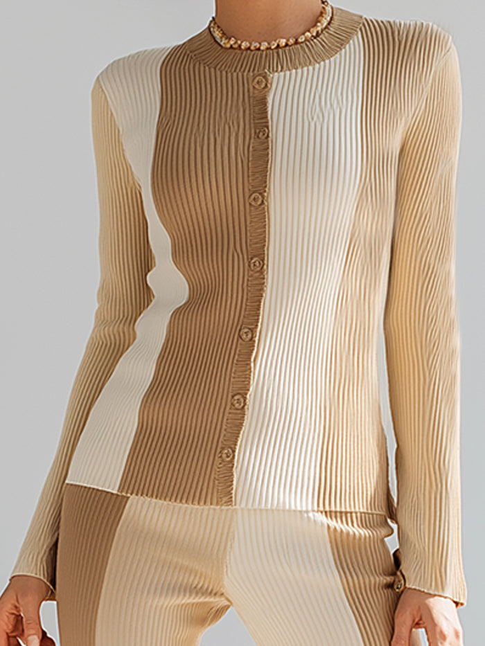 Contrast Color Crew Neck Knitted Top And Flared Pants Suit