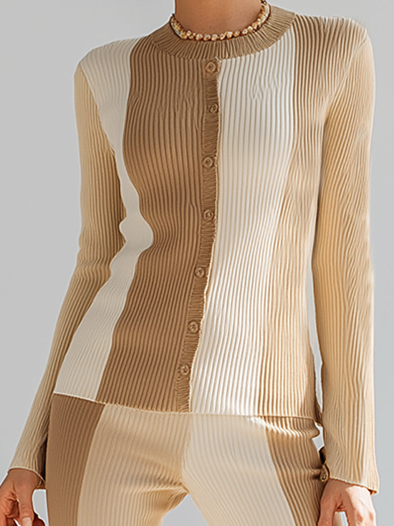 Contrast Color Crew Neck Knitted Top And Flared Pants Suit
