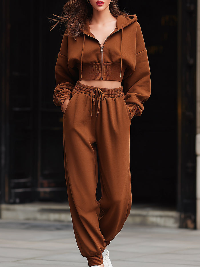 Chestnut Brown Cropped Hoodie And Jogger Set