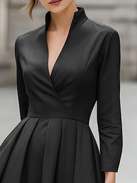 Black Wrap-Style V-Neck Midi Dress