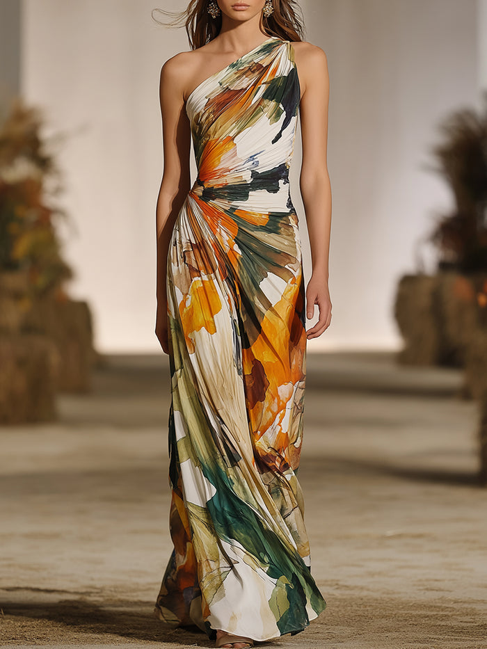 One-Shoulder Abstract Print Draped Maxi Dress