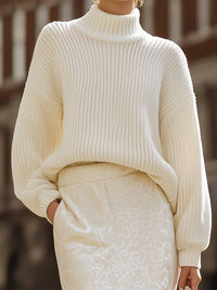 Cream Knit Turtleneck Sweater And Jacquard Midi Skirt Set