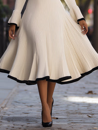 Pleated Knit A-Line Dress With Contrast Trim