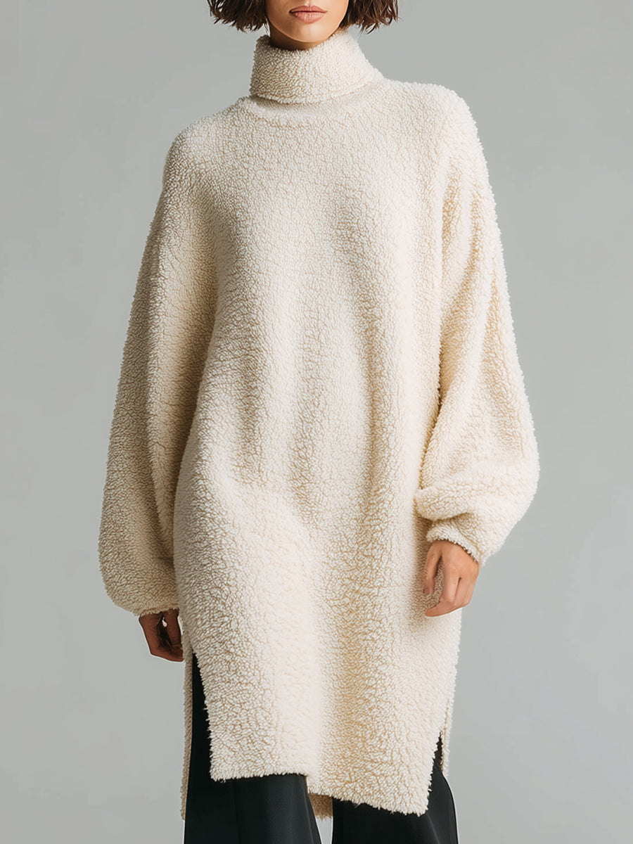 Oversized Cream Fleece Turtleneck Sweater Dress