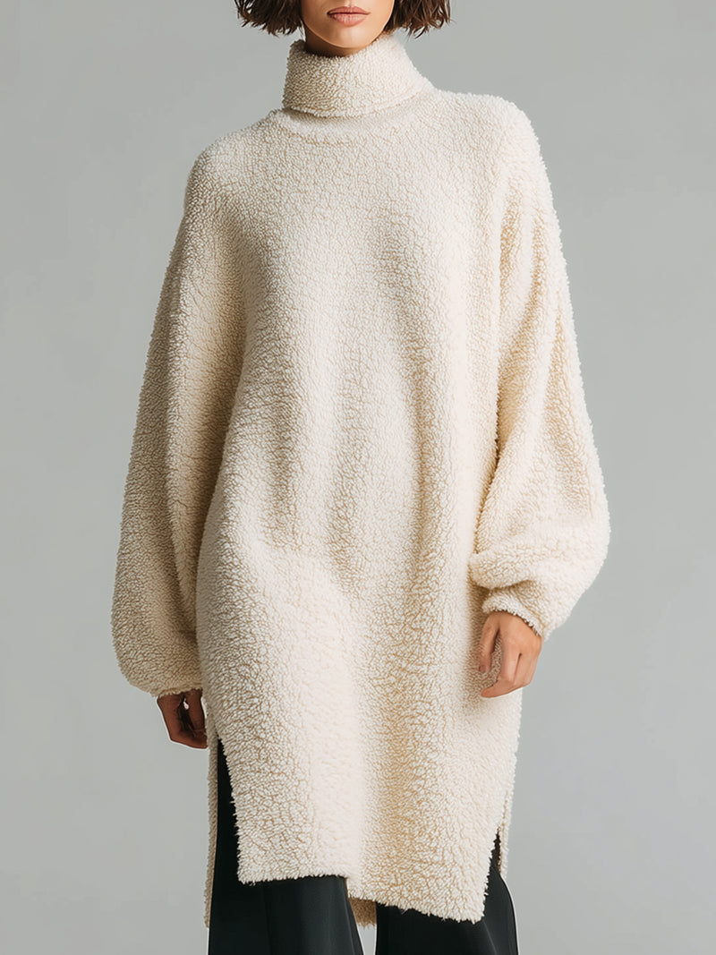 Oversized Cream Fleece Turtleneck Sweater Dress