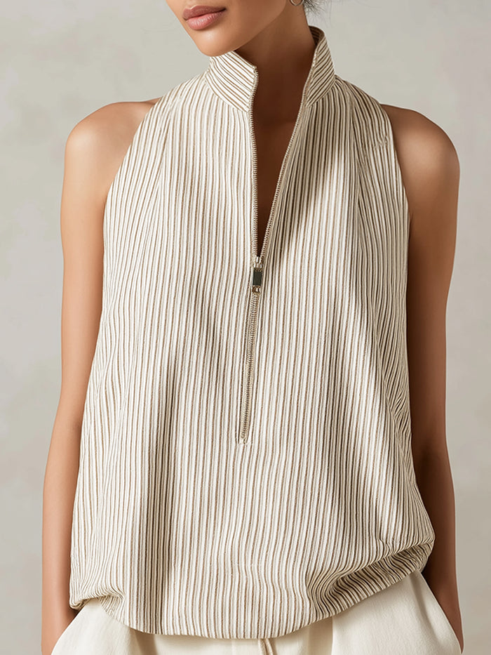 Sleeveless Pleated Zip-Front Stand Collar Top