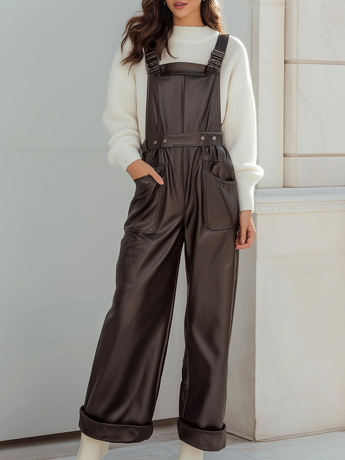 Chocolate Faux Leather Wide-Leg Overalls