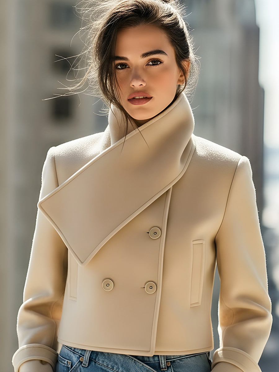 Structured Beige Wool Short Jacket With Asymmetric Lapel