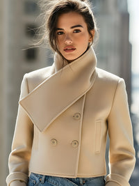 Structured Beige Wool Short Jacket With Asymmetric Lapel