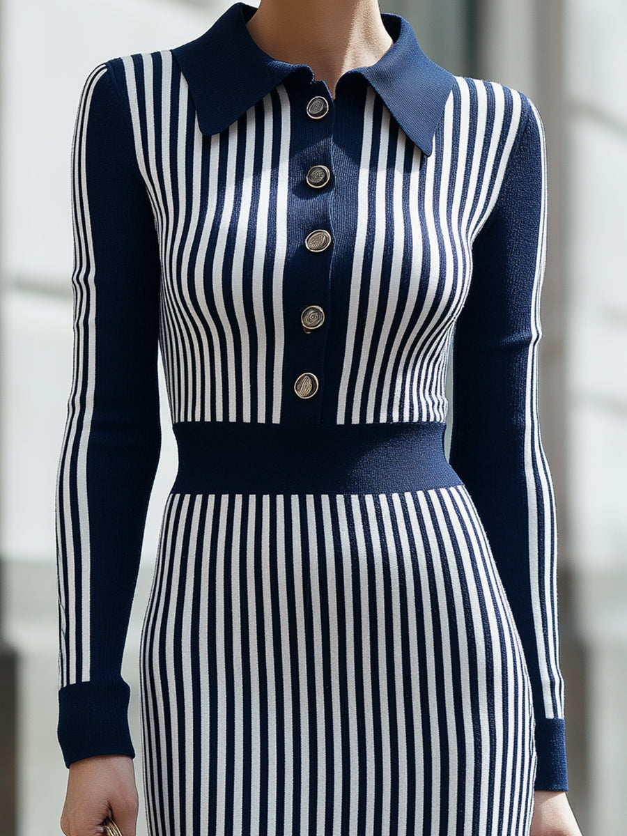 Navy & Ivory Vertical Stripe Knit Midi Dress