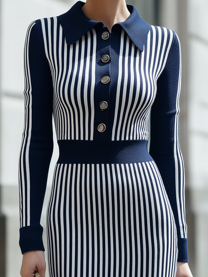 Navy & Ivory Vertical Stripe Knit Midi Dress