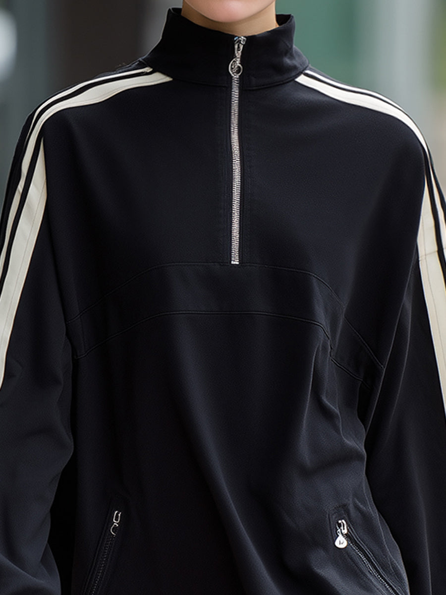 Sporty Half-Zip Mock-Neck Mini Dress With Contrast Stripes