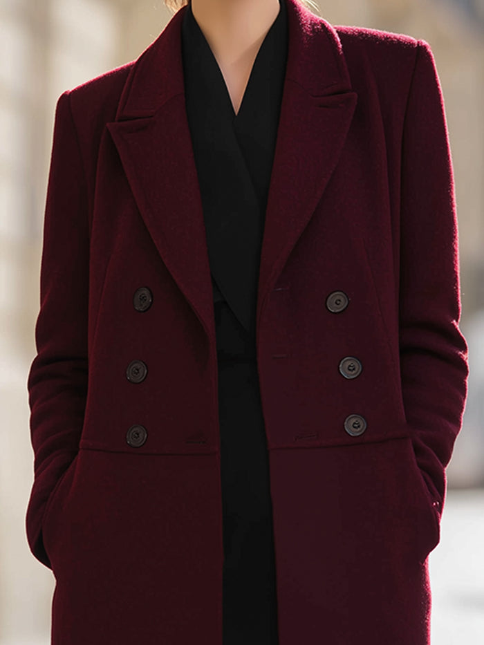 Double-Breasted Burgundy Wool-Blend Long Coat