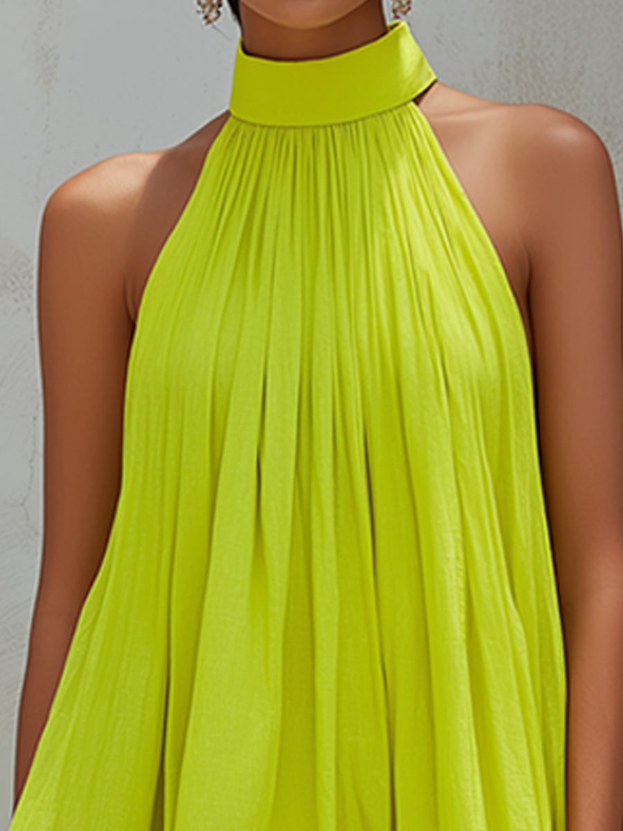 Pleated Halter Neck Flowing Maxi Dress