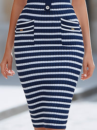 Sleeveless Ribbed Stripe Button-Front Midi Knit Dress
