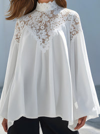 High-Neck Lace Yoke Chiffon Blouse With Flared Sleeves