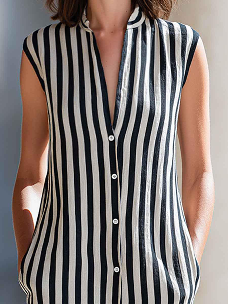 Sleeveless Vertical Stripe Button-Front Midi Dress