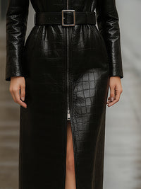 Crocodile-Embossed Leather Hooded Coat