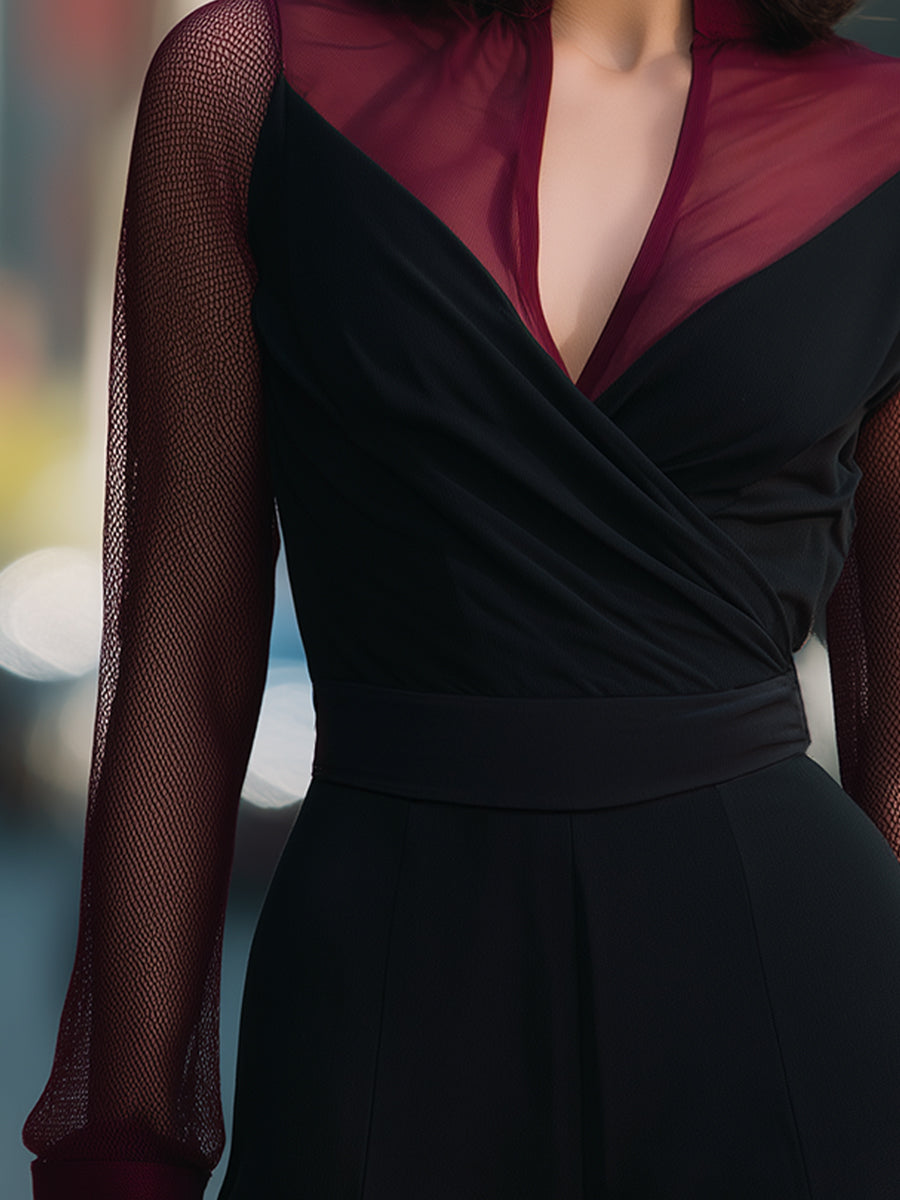 Sheer Mesh V-Neck Long-Sleeve Slim-Fit Blouse