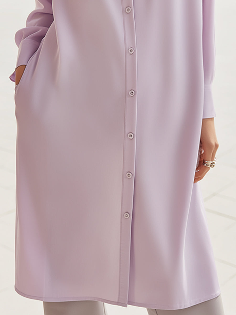Longline Button-Front Shirt Dress With Utility Pockets